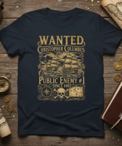 Wanted Christopher Columbus Public Enemy #1 Since 1492 t-shirt with vintage ships, skull, and compass design in gold on navy