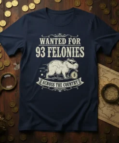 Wanted For 93 Felonies T-Shirt with a capybara carrying a money bag, styled like a wanted poster