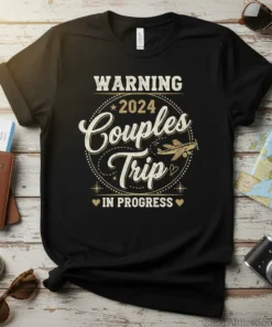 Black t-shirt with "WARNING 2024 Couples Trip IN PROGRESS" text in distressed gold and white, featuring a vintage airplane graphic