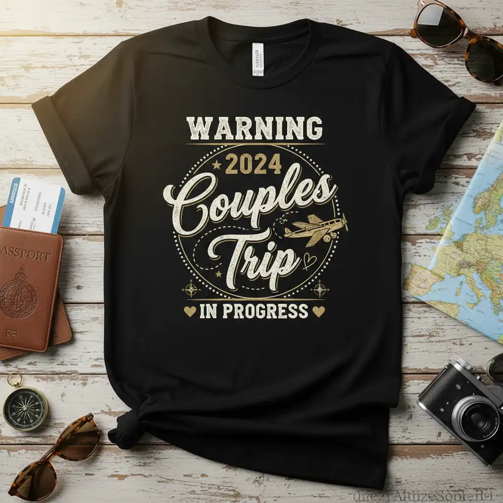 WARNING 2024 Couples Trip IN PROGRESS text and airplane graphic on a black t-shirt for travel couples