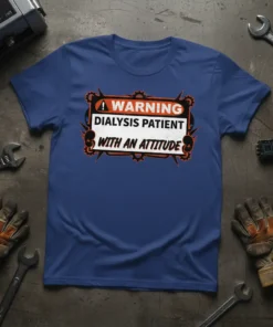 Warning Dialysis Patient With An Attitude text design on a blue t-shirt with industrial graphics