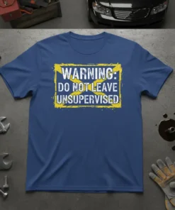 WARNING: DO NOT LEAVE UNSUPERVISED text in white distressed font on yellow background, printed on a blue t-shirt