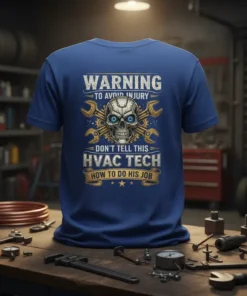 Blue t-shirt with "Warning To Avoid Injury Don't Tell This HVAC Tech How To Do His Job" text and a