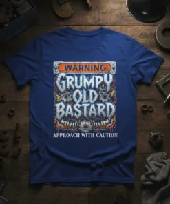 WARNING GRUMPY OLD BASTARD APPROACH WITH CAUTION T-Shirt with gears and lightning bolt graphics