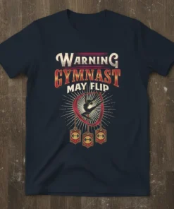 Warning Gymnast May Flip text with a silhouette of a gymnast mid-flip and athletic medals