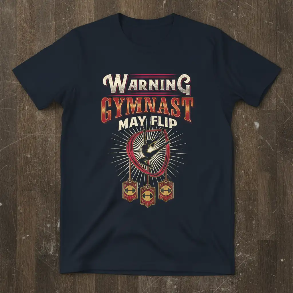 Warning Gymnast May Flip quote featuring a gymnast silhouette and athletic medals on a t-shirt