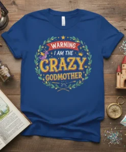 Warning I Am The Crazy Godmother text with dragon and crown graphic on blue t-shirt