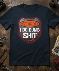 Dark navy t-shirt with a shield graphic featuring "WARNING I DO DUMB SHIT" in distressed white and orange text