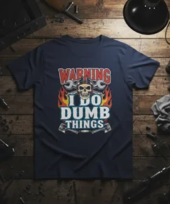 Warning I Do Dumb Things t-shirt with skull, wrenches, and flames graphic