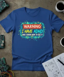 T-shirt with "WARNING I HAVE ADHD AND I KNOW HOW TO USE IT" in bright, tech-inspired font, framed by circuit