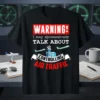 Black t-shirt with red WARNING! text and white "I may spontaneously TALK ABOUT CONTROLLING AIR TRAFFIC" quote, featuring airplanes and