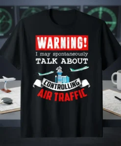 Black t-shirt with red WARNING! text and white "I may spontaneously TALK ABOUT CONTROLLING AIR TRAFFIC" quote, featuring airplanes and