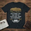 Warning I'm a Pastor t-shirt design with bold text about sermon material and an open bible graphic