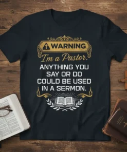 Warning I'm a Pastor t-shirt design with bold text about sermon material and an open bible graphic
