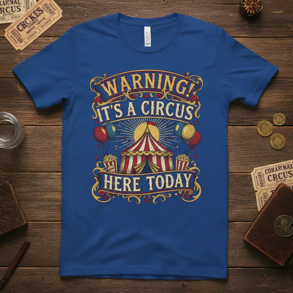 WARNING! IT'S A CIRCUS HERE TODAY bold typography printed on comfortable cotton fabric creating a standout t-shirt