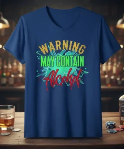 WARNING MAY CONTAIN Alcohol text design with distressed yellow and green lettering on a navy blue t-shirt