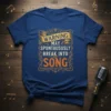 T-shirt with text "WARNING MAY SPONTAUSUSLY BREAK INTO SONG" in vintage style, featuring musical notes and a microphone graphic