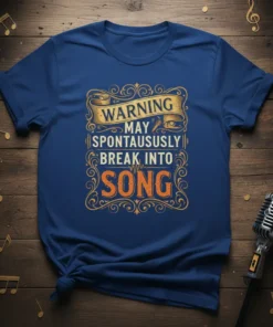 T-shirt with text "WARNING MAY SPONTAUSUSLY BREAK INTO SONG" in vintage style, featuring musical notes and a microphone graphic
