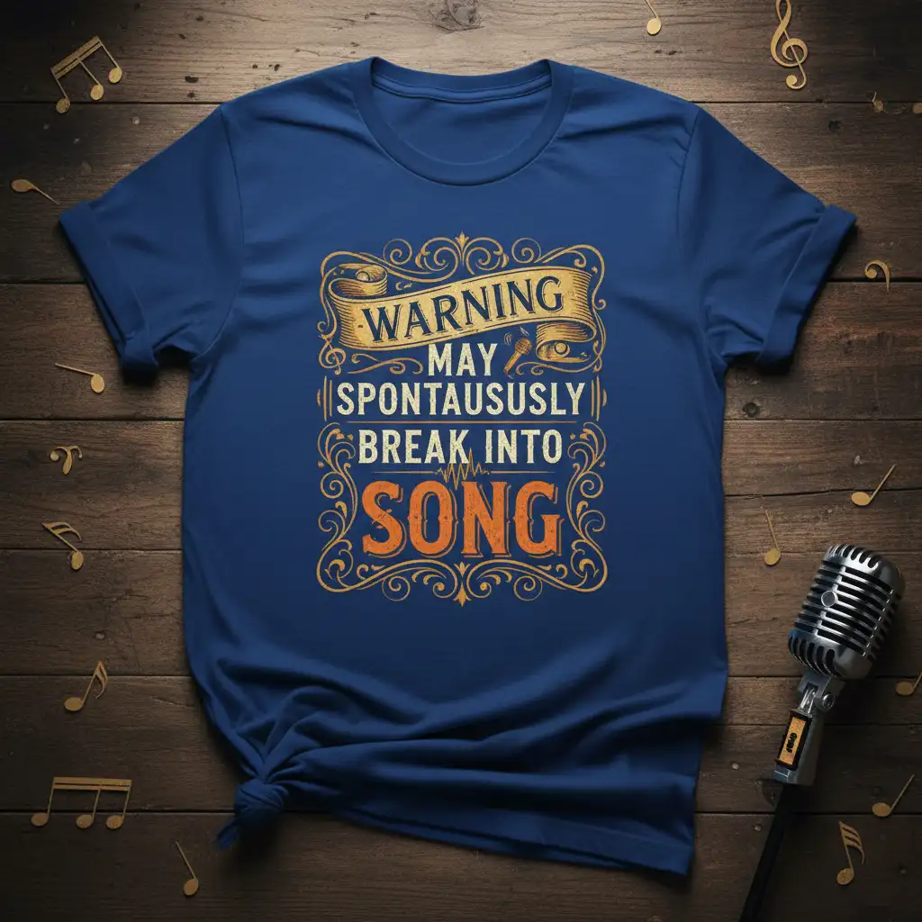 WARNING MAY SPONTAUSUSLY BREAK INTO SONG creative illustration printed on breathable fabric creating a standout t-shirt