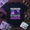 Anime t-shirt with "WARNING MAY SPONTANEOUSLY START TALKING ABOUT ANIME" text and neon graphic of a girl