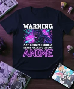 Anime t-shirt with "WARNING MAY SPONTANEOUSLY START TALKING ABOUT ANIME" text and neon graphic of a girl