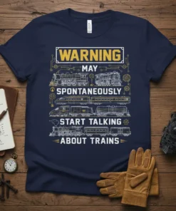 Navy blue t-shirt with white text "WARNING MAY SPONTANEOUSLY START TALKING ABOUT TRAINS" and illustrations of various trains