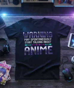 Black t-shirt with text "WARNING MAY SPONTANEOUSLY START TALKING ABOUT ANIME" in bold, metallic font