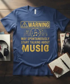 Warning May Spontaneously Start Talking About Music text design with musical notes and treble clef graphic on a blue t-shirt
