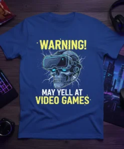 Warning! May Yell At Video Games t-shirt with a skull wearing a VR headset and yellow text