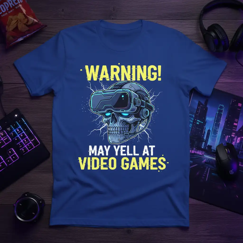 Warning! May Yell At Video Games t-shirt design featuring a skull in VR headset and yellow text