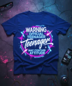 WARNING OFFICIAL TEENAGER Teenager MAY CONTAIN ATTITUDE text design with neon lightning and circular accents on a blue t-shirt