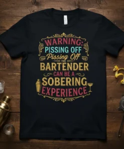Black t-shirt with "WARNING: PISSING OFF Pissing Off the BARTENDER CAN BE A SOERING EXPERIENCE" quote in vintage distressed style