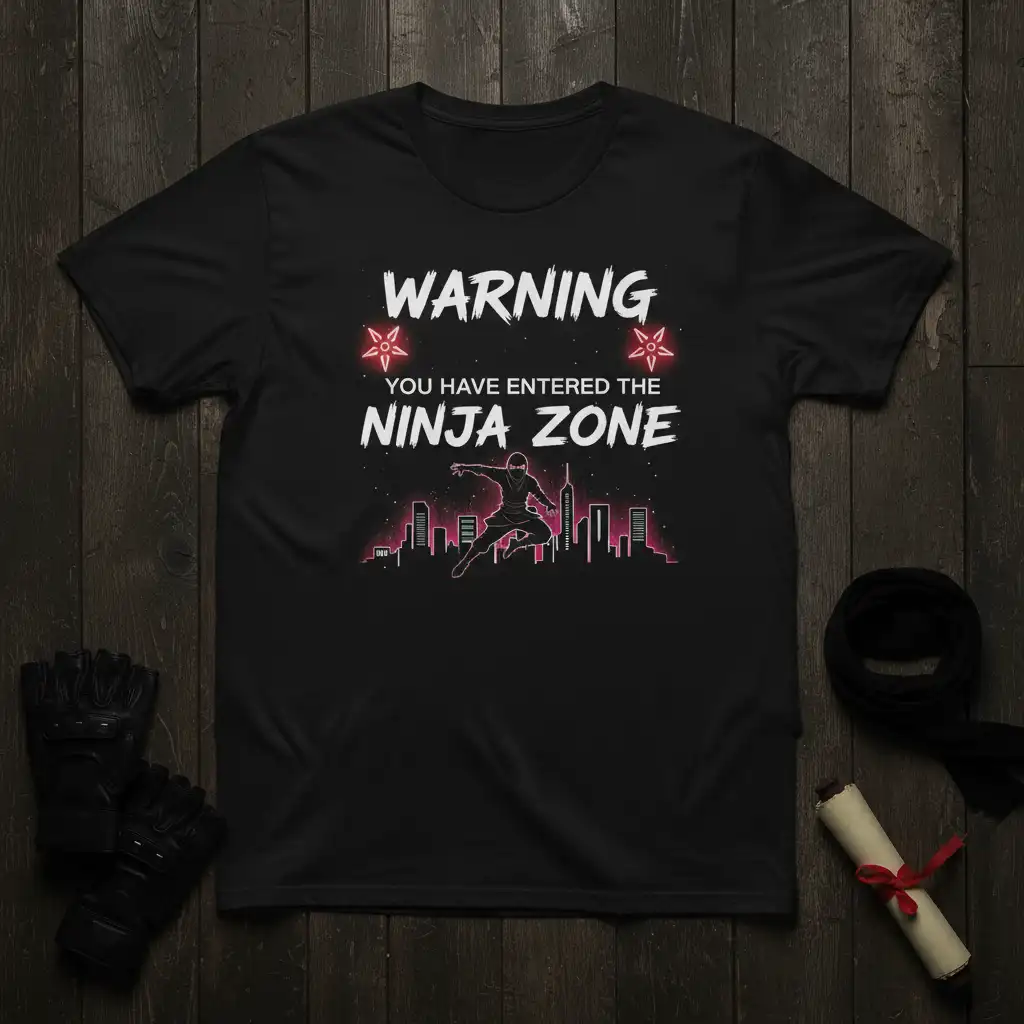 Warning You Have Entered The Ninja Zone t-shirt design with ninja silhouette and cityscape graphic