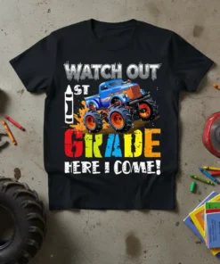Watch Out 1st Grade Here I Come text with a blue monster truck graphic on a black t-shirt, featuring a