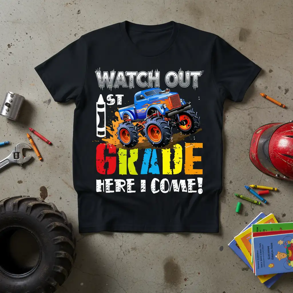 Watch Out 1st Grade Here I Come text design with a blue monster truck and crayon graphic