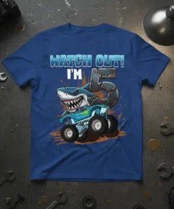 Watch Out! I'm 5 shark monster truck graphic on a blue birthday t-shirt for a five-year-old boy