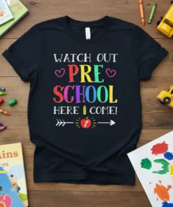 WATCH OUT PRE SCHOOL text design featuring creative typography on quality t-shirt