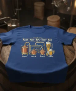 Water Malt Hops Yeast Beer Brewing Process T-Shirt featuring diagram of mash tun, lauter tun, boil kettle, and fermenter