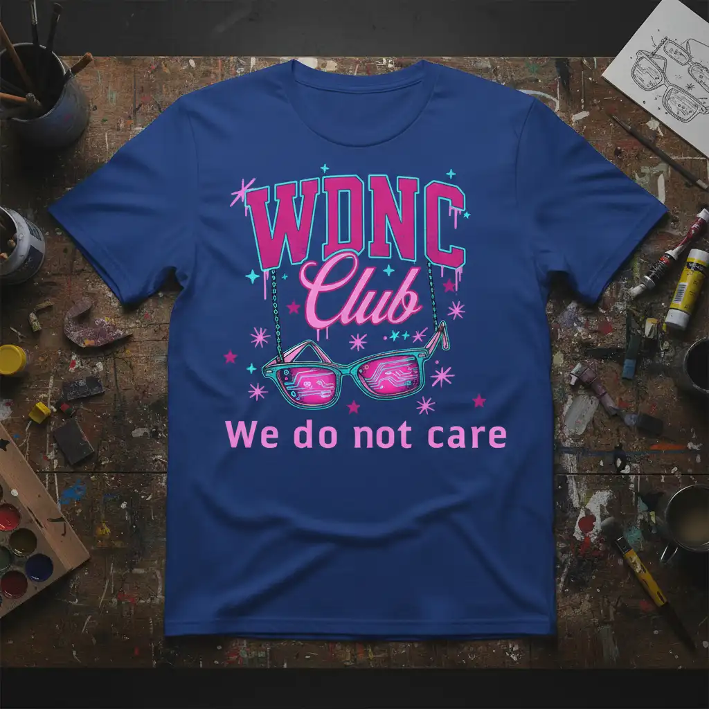 WDNC Club We Do Not Care text and retro tech glasses design on a royal blue t-shirt
