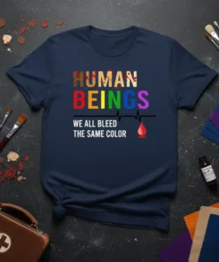 Navy t-shirt with "HUMAN BEINGS WE ALL BLEED THE SAME COLOR" text, featuring rainbow colors and a heart monitor graphic