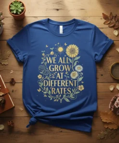 Blue t-shirt with golden text "We All Grow At Different Rates" surrounded by sunflowers and floral elements