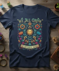 We All Grow At Different Rates t-shirt with a sun and floral illustration. Inspirational quote design