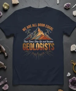 T-shirt with text "We Are All Born Equal Then Some Step Up and Become Geologists" featuring mountain and geologist hammer