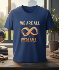 Blue t-shirt with gold text "WE ARE ALL EQUAL" and an infinity symbol graphic