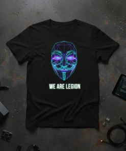 Black t-shirt with neon blue and purple geometric Anonymous-style mask graphic and "WE ARE LEGION" text