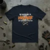 Navy t-shirt with white and orange text reading "WE CAN RESORT TO VIOLENCE BUT I'M BETTER AT IT THAN YOU"