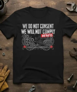 Black t-shirt with white text "WE DO NOT CONSENT WE WILL NOT COMPLY" and red "#FAFO" hashtag, featuring intricate gear
