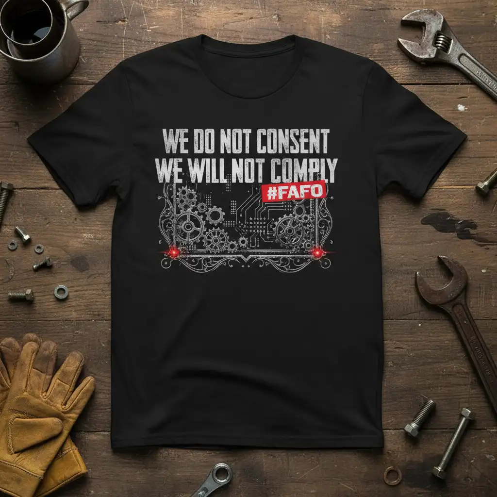 WE DO NOT CONSENT WE WILL NOT COMPLY #FAFO slogan tee with mechanical gear and circuit board design