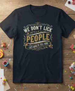 We Don't Lick People Lies Adults Tell Kids quote on a navy blue t-shirt, vintage distressed typography style