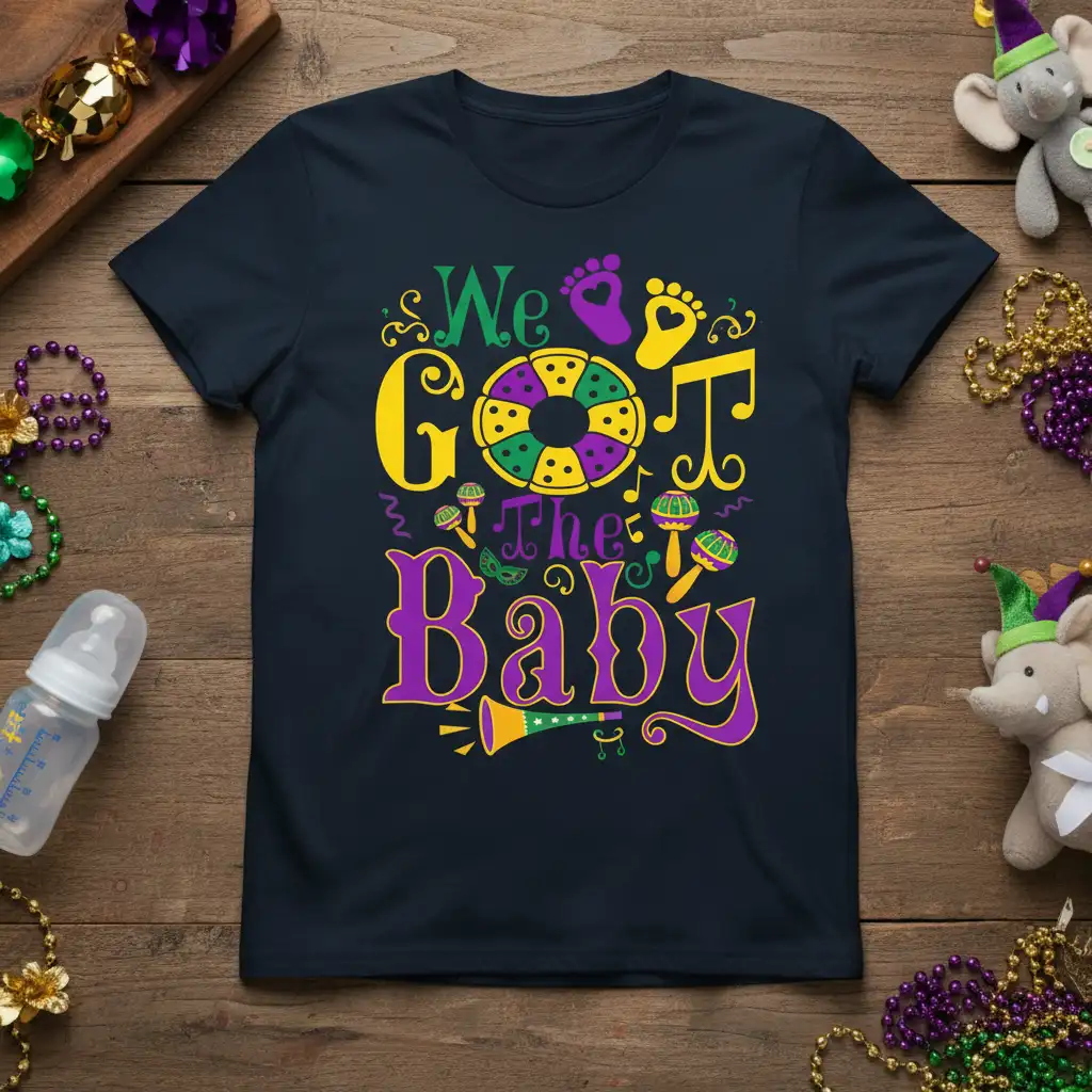 We Got The Baby text with Mardi Gras themed graphics and baby elements on a dark t-shirt